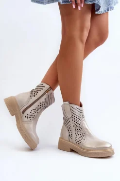 Zazoo 3470 Skórzane Botki Damskie Na Płaskim Obcasie Ażurowe Złote Przecierane