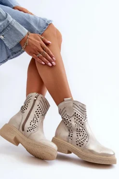 Zazoo 3470 Skórzane Botki Damskie Na Płaskim Obcasie Ażurowe Złote Przecierane