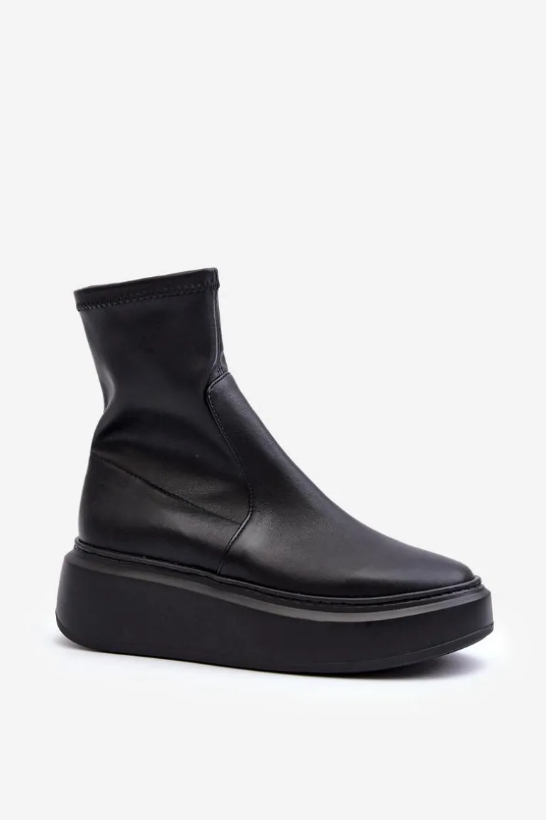 Zazoo 3395 Skórzane Botki Damskie Na Masywnej Platformie Czarne