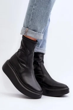 Zazoo 3395 Skórzane Botki Damskie Na Masywnej Platformie Czarne