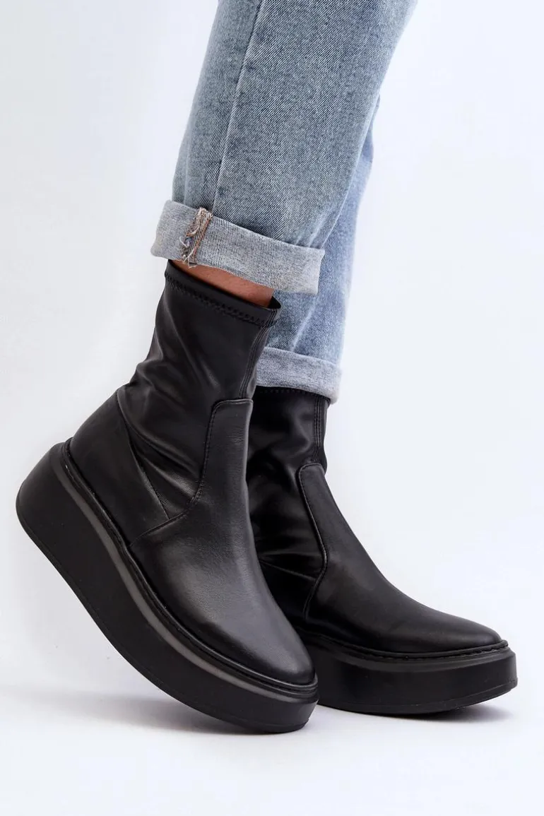 Zazoo 3395 Skórzane Botki Damskie Na Masywnej Platformie Czarne