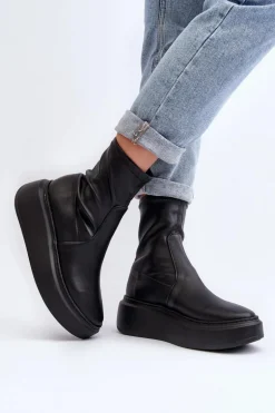 Zazoo 3395 Skórzane Botki Damskie Na Masywnej Platformie Czarne