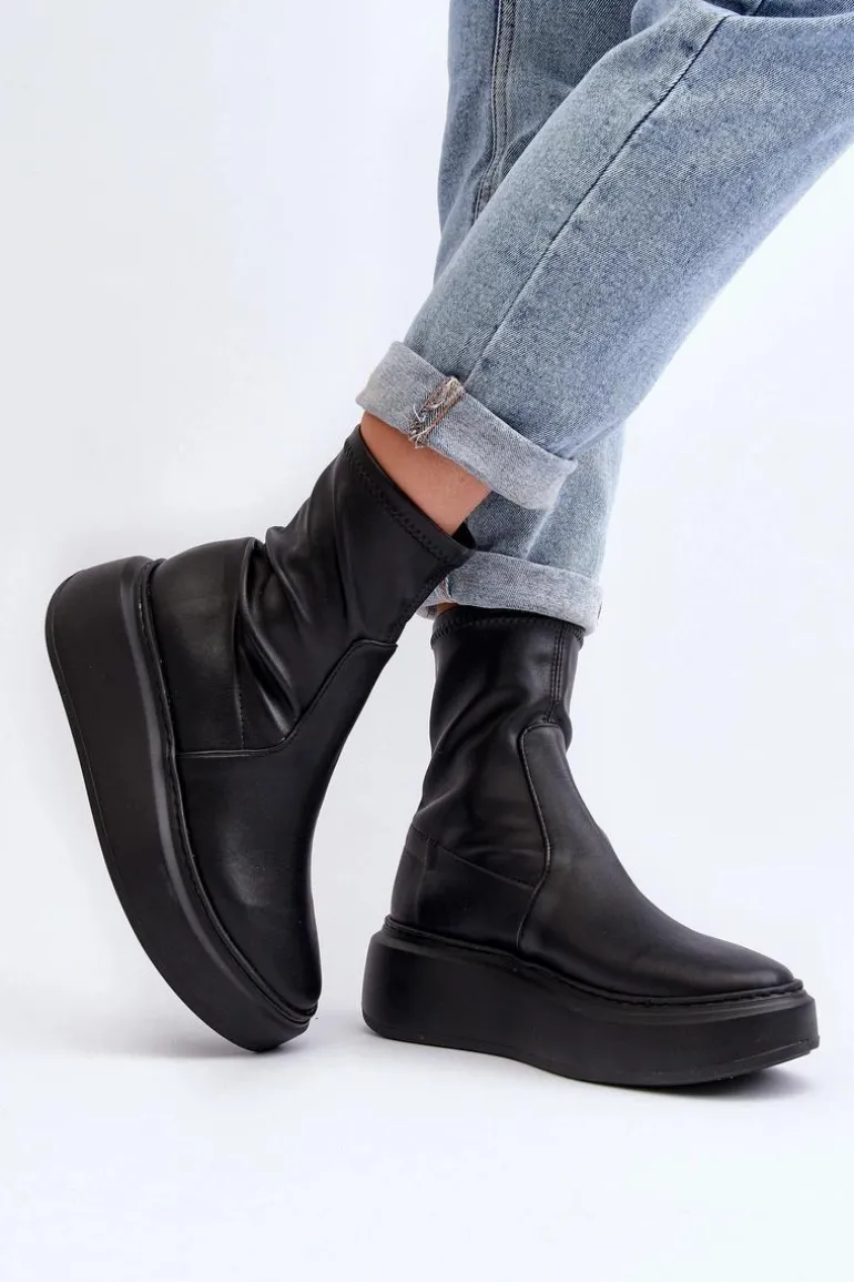 Zazoo 3395 Skórzane Botki Damskie Na Masywnej Platformie Czarne