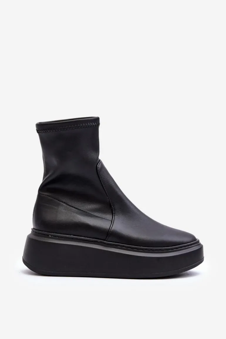 Zazoo 3395 Skórzane Botki Damskie Na Masywnej Platformie Czarne