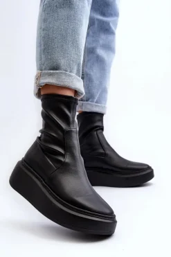 Zazoo 3395 Skórzane Botki Damskie Na Masywnej Platformie Czarne