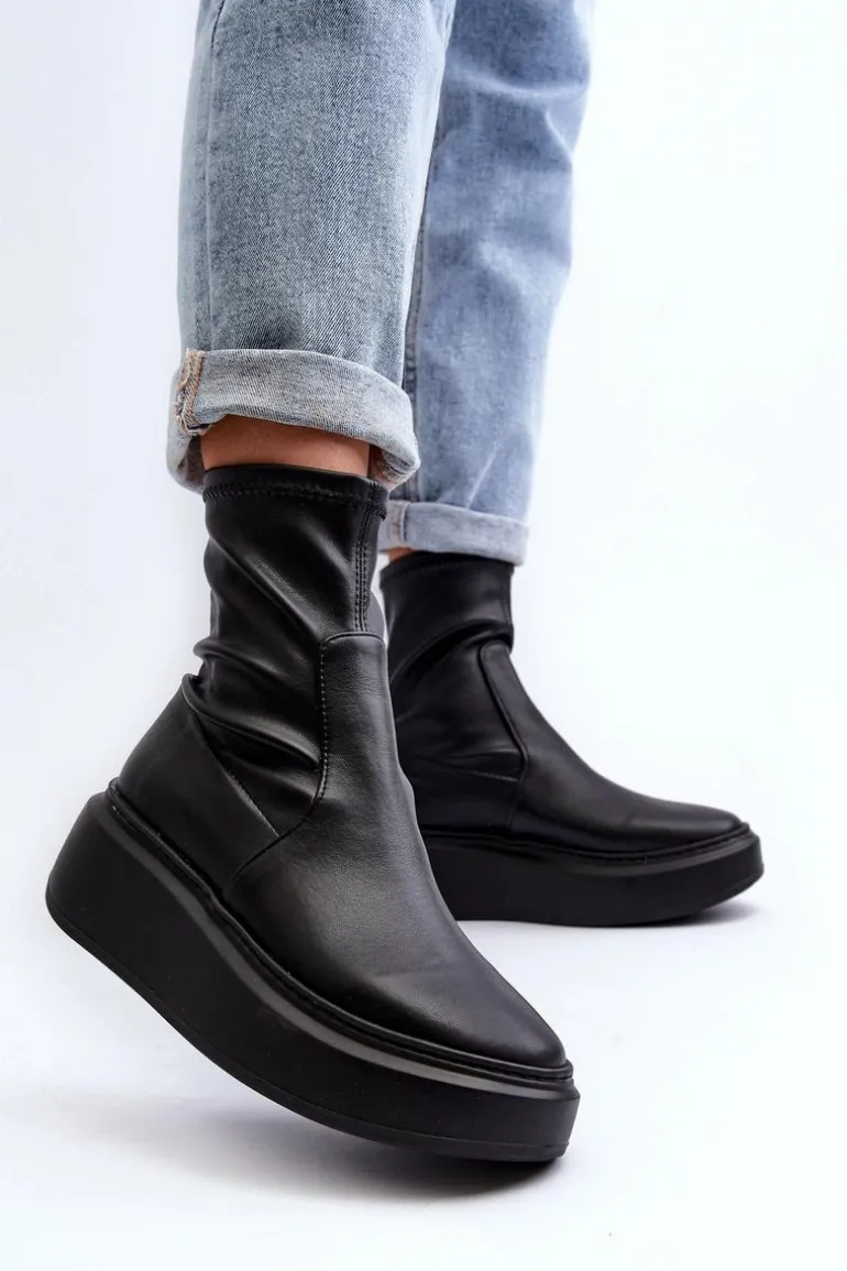 Zazoo 3395 Skórzane Botki Damskie Na Masywnej Platformie Czarne