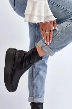 Zazoo 3395 Skórzane Botki Damskie Na Masywnej Platformie Czarne