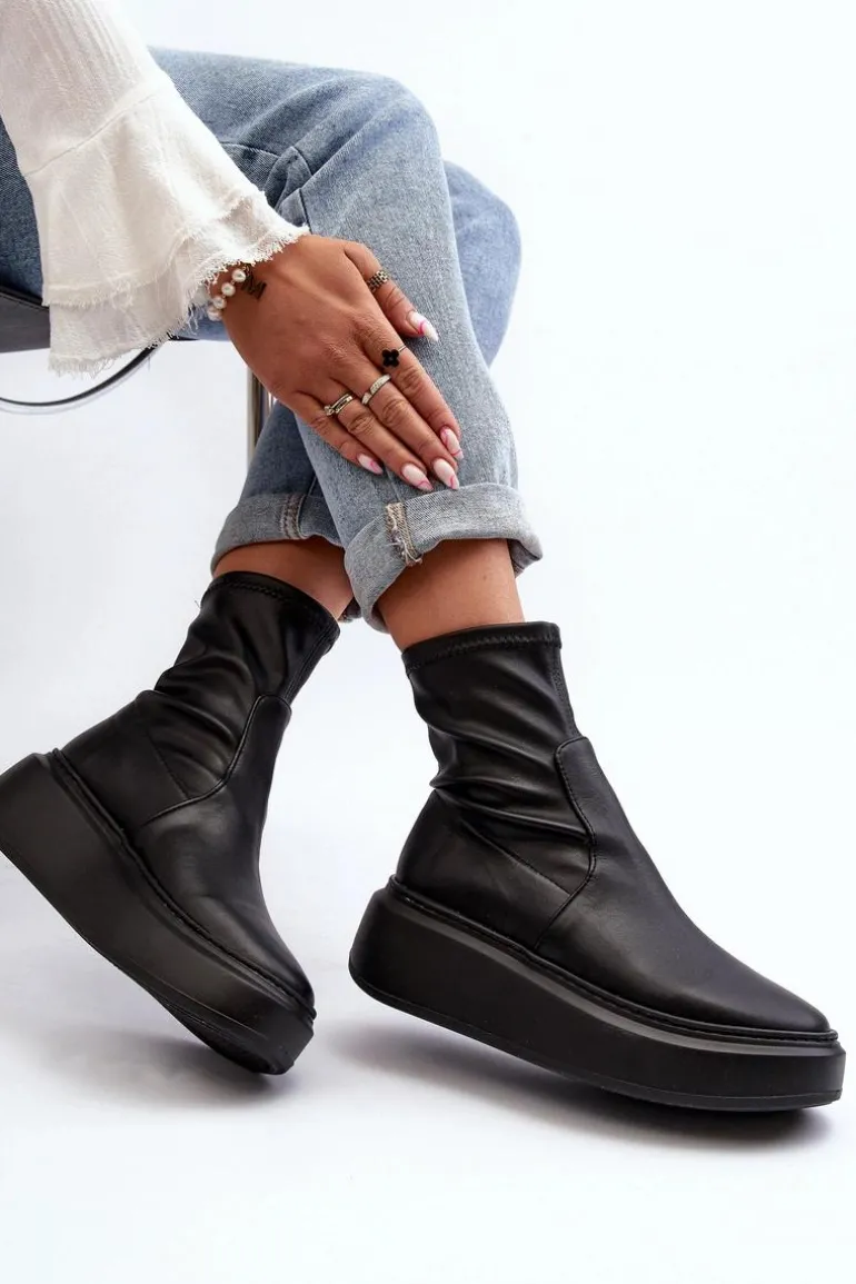 Zazoo 3395 Skórzane Botki Damskie Na Masywnej Platformie Czarne