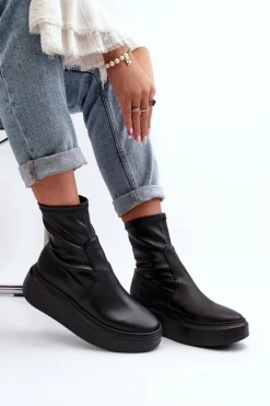 Zazoo 3395 Skórzane Botki Damskie Na Masywnej Platformie Czarne