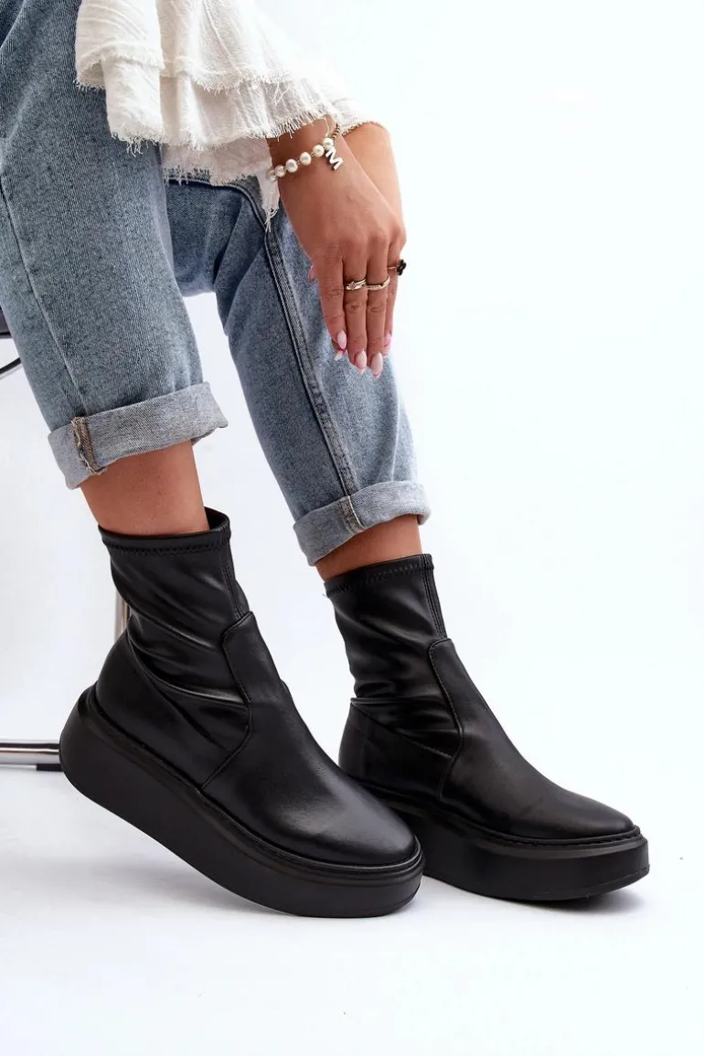 Zazoo 3395 Skórzane Botki Damskie Na Masywnej Platformie Czarne
