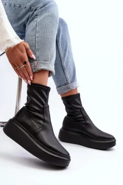 Zazoo 3395 Skórzane Botki Damskie Na Masywnej Platformie Czarne