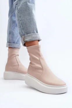 Zazoo 3395 Skórzane Botki Damskie Na Masywnej Platformie Beżowe