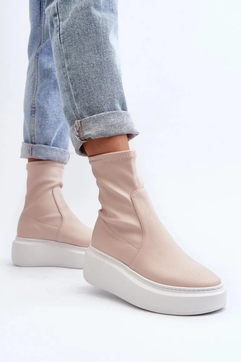 Zazoo 3395 Skórzane Botki Damskie Na Masywnej Platformie Beżowe