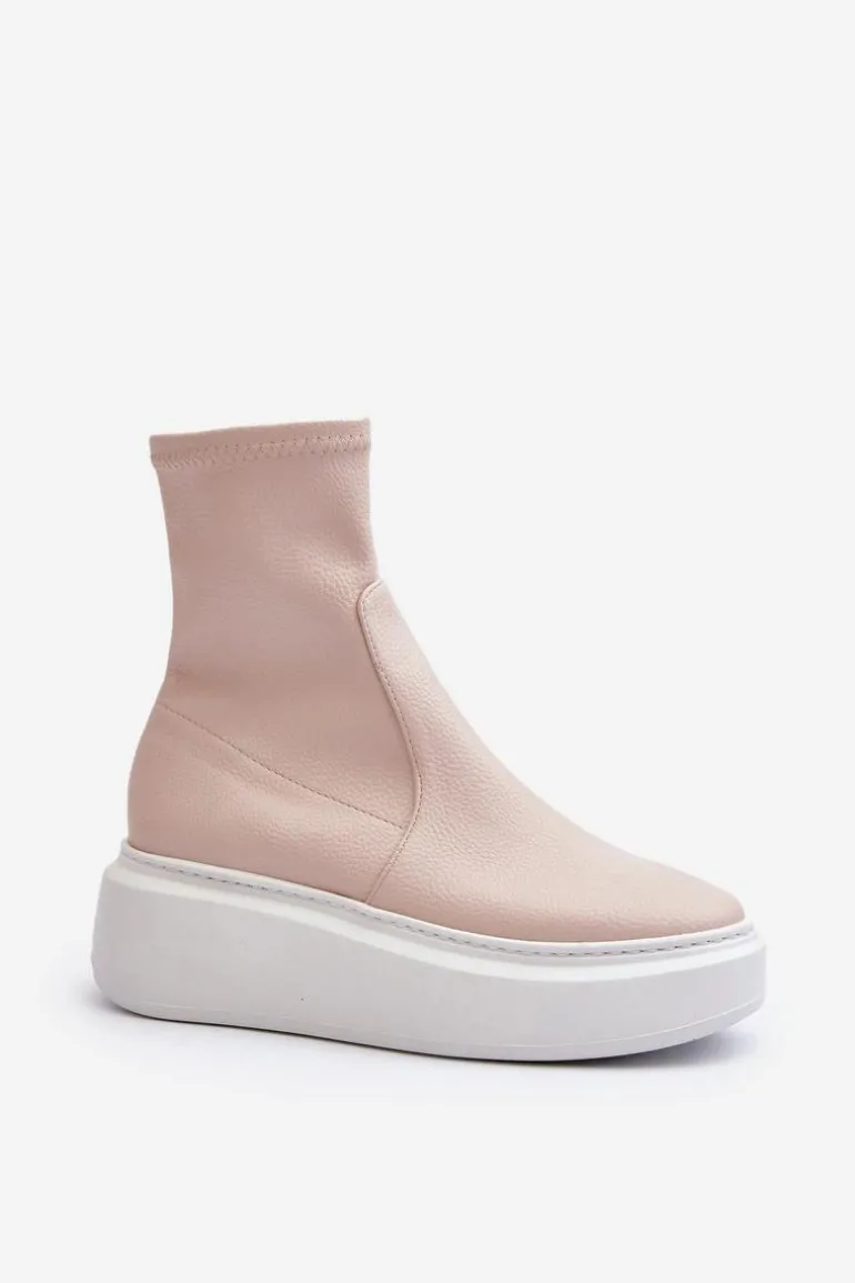 Zazoo 3395 Skórzane Botki Damskie Na Masywnej Platformie Beżowe