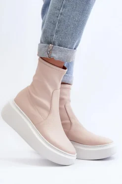 Zazoo 3395 Skórzane Botki Damskie Na Masywnej Platformie Beżowe