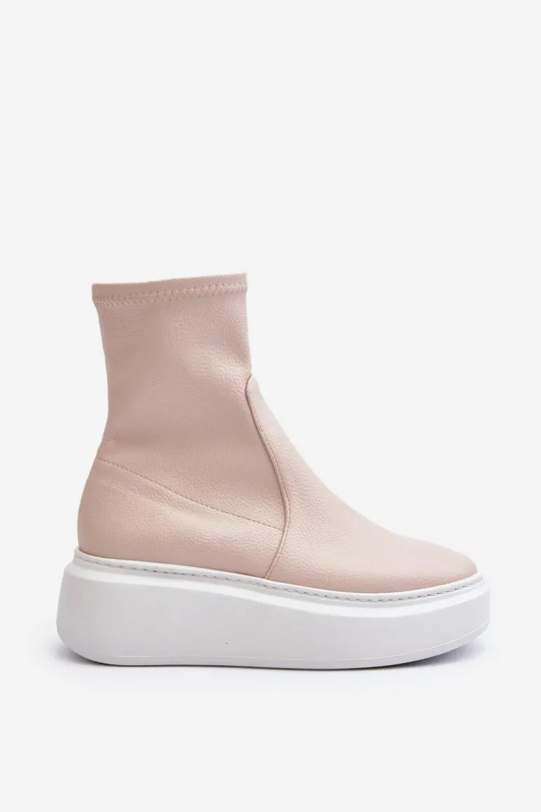 Zazoo 3395 Skórzane Botki Damskie Na Masywnej Platformie Beżowe