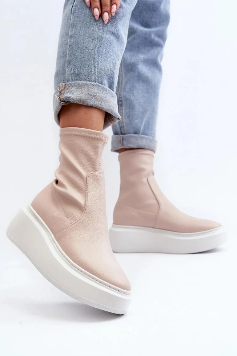 Zazoo 3395 Skórzane Botki Damskie Na Masywnej Platformie Beżowe