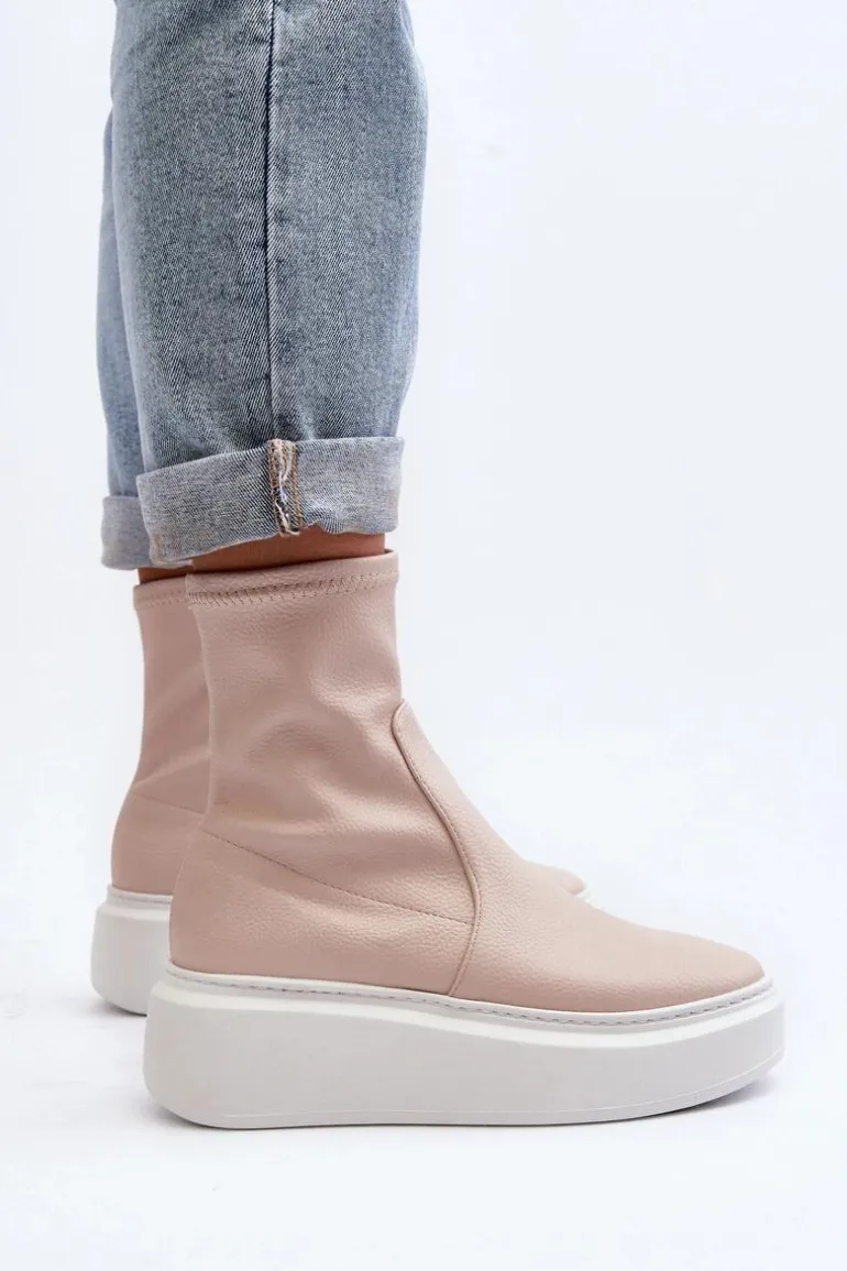 Zazoo 3395 Skórzane Botki Damskie Na Masywnej Platformie Beżowe
