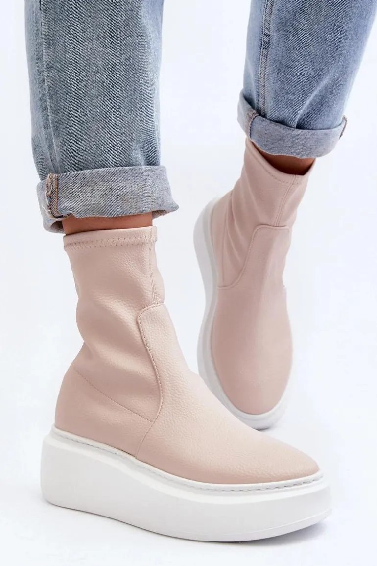 Zazoo 3395 Skórzane Botki Damskie Na Masywnej Platformie Beżowe