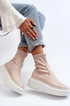 Zazoo 3395 Skórzane Botki Damskie Na Masywnej Platformie Beżowe
