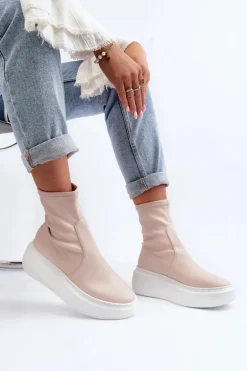 Zazoo 3395 Skórzane Botki Damskie Na Masywnej Platformie Beżowe