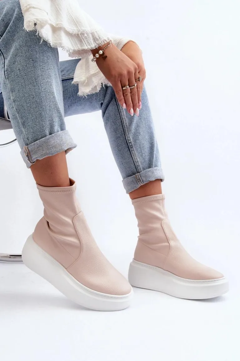 Zazoo 3395 Skórzane Botki Damskie Na Masywnej Platformie Beżowe