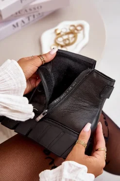 Zazoo 60511 Skórzane Botki Damskie Na Platformie Ocieplane Czarne