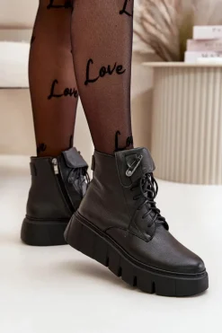 Zazoo 60511 Skórzane Botki Damskie Na Platformie Ocieplane Czarne