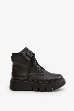 Zazoo 60511 Skórzane Botki Damskie Na Platformie Ocieplane Czarne