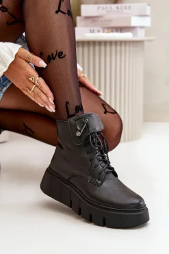 Zazoo 60511 Skórzane Botki Damskie Na Platformie Ocieplane Czarne