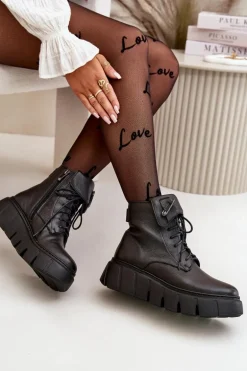 Zazoo 60511 Skórzane Botki Damskie Na Platformie Ocieplane Czarne