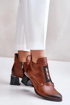 Zazoo 60504 Skórzane Botki Na Klocku Ocieplane Brązowe