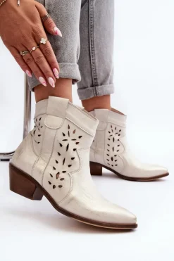 Zazoo 2870 Skórzane Botki Na Niskim Obcasie Ażurowe Srebrne