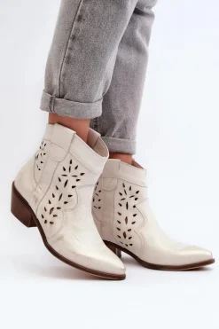 Zazoo 2870 Skórzane Botki Na Niskim Obcasie Ażurowe Srebrne