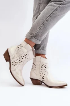 Zazoo 2870 Skórzane Botki Na Niskim Obcasie Ażurowe Srebrne