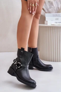 Zazoo 60480 Skórzane Botki Na Niskim Obcasie Ocieplane Czarne