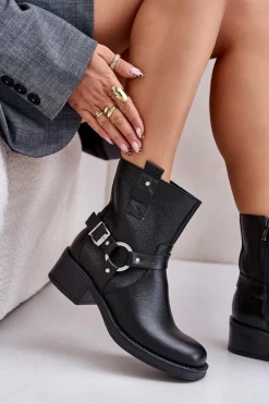 Zazoo 60480 Skórzane Botki Na Niskim Obcasie Ocieplane Czarne