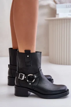 Zazoo 60480 Skórzane Botki Na Niskim Obcasie Ocieplane Czarne