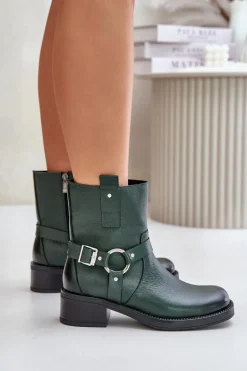 Zazoo 60480 Skórzane Botki Na Niskim Obcasie Ocieplane Ciemnozielone