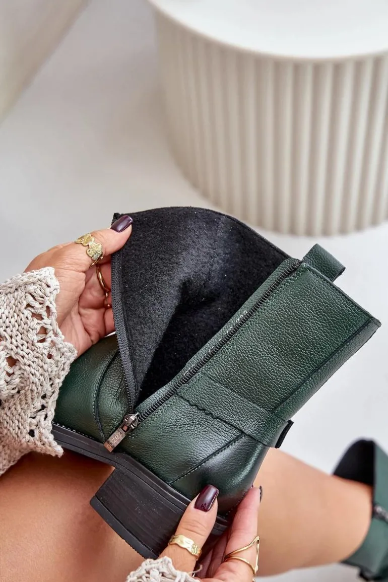 Zazoo 60480 Skórzane Botki Na Niskim Obcasie Ocieplane Ciemnozielone