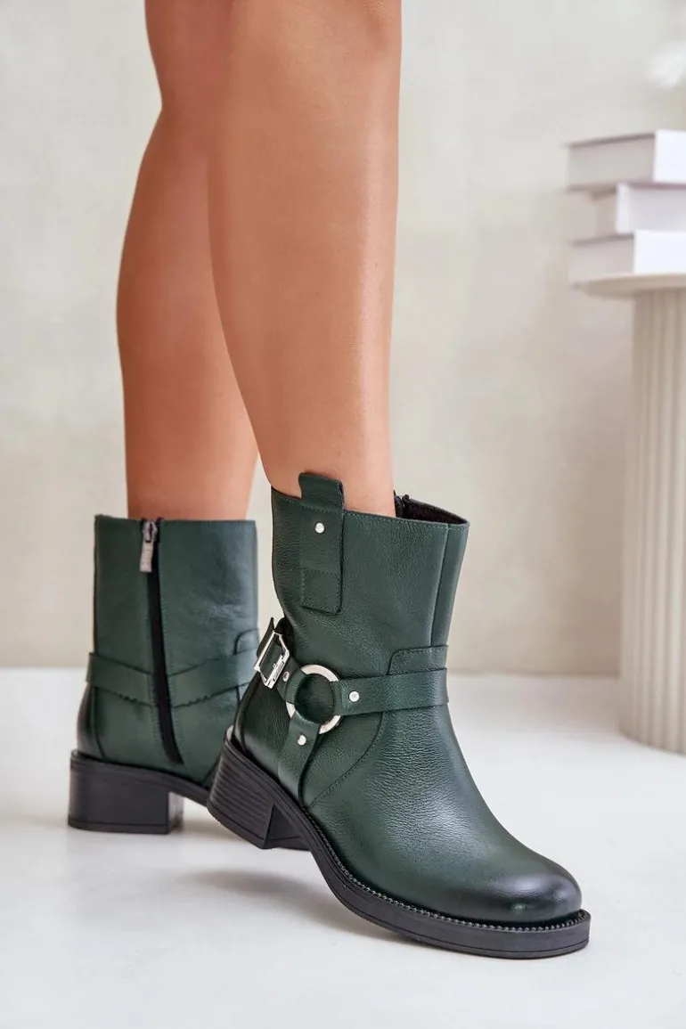 Zazoo 60480 Skórzane Botki Na Niskim Obcasie Ocieplane Ciemnozielone