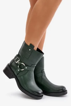 Zazoo 60480 Skórzane Botki Na Niskim Obcasie Ocieplane Ciemnozielone