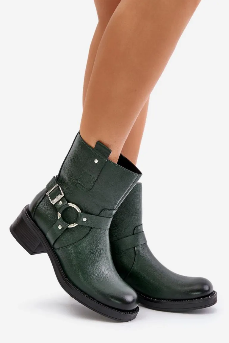 Zazoo 60480 Skórzane Botki Na Niskim Obcasie Ocieplane Ciemnozielone