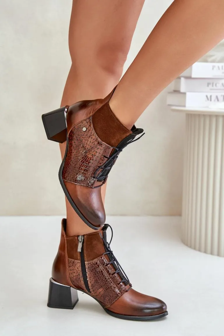 Zazoo 60503 Skórzane Botki Na Obcasie Ocieplane Brązowe