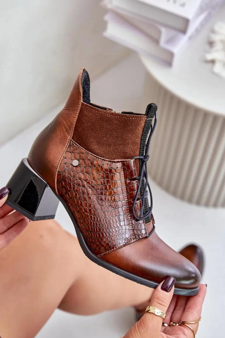 Zazoo 60503 Skórzane Botki Na Obcasie Ocieplane Brązowe