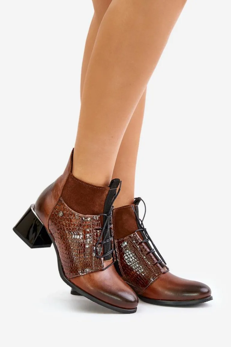 Zazoo 60503 Skórzane Botki Na Obcasie Ocieplane Brązowe