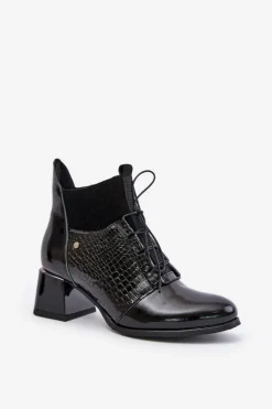 Zazoo 60503 Skórzane Botki Na Obcasie Ocieplane Czarne