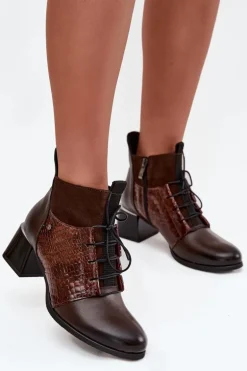 Zazoo 60503 Skórzane Botki Na Obcasie Ocieplane Czekoladowe