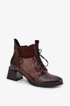 Zazoo 60503 Skórzane Botki Na Obcasie Ocieplane Czekoladowe