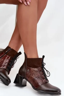 Zazoo 60503 Skórzane Botki Na Obcasie Ocieplane Czekoladowe